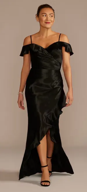 David's Bridal Black Off-Shoulder Satin Fancy Bridesmaid Wedding Guest Dress thumbnail 1