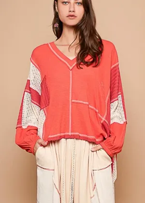 POL Patchwork Thermal Top Small Oversized Cropped Raw Hem Colorblock Boho thumbnail 1