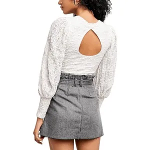 Free People Jasmine Tea Time Long Puff Lace Sleeve‎ Open Back Top Ivory Medium thumbnail 8
