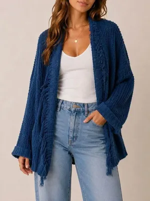 Free People Navy Chunky Knit Fringe Cardigan Oversized Boho Sweater thumbnail 1