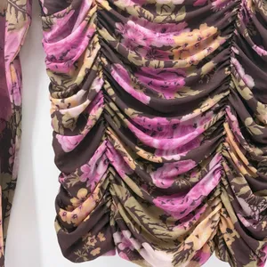 Maeve Anthropologie Ruched Mesh Floral Long Sleeve Top Brown Pink Small thumbnail 2