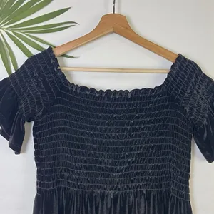 Urban Outfitters Clara Off-The-Shoulder Smocked Velvet Dress in Black thumbnail 11