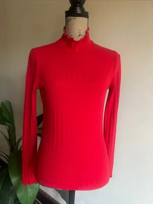 J. Crew Ribbed Scalloped Trim Red Turtleneck Sweater Size XS NWT thumbnail 4