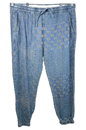 Johnny Was Biya Large Pants Blue Embroidered Chambray Lyocell Jogger Boho 1394 thumbnail 1