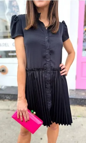 Taylor Tillman Katie Black Pleated Shirt Dress Puff Sleeve NWT S thumbnail 1