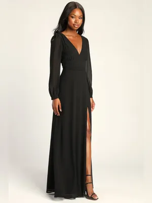 Lulus Love You So Black Long Sleeve Maxi Dress Size Medium NWT V Neck Tie Back thumbnail 3