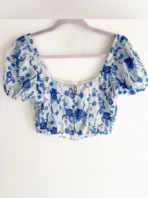 Tiger Mist Blue Floral Corset Top XS Puff Sleeve Milkmaid Bustier thumbnail 2