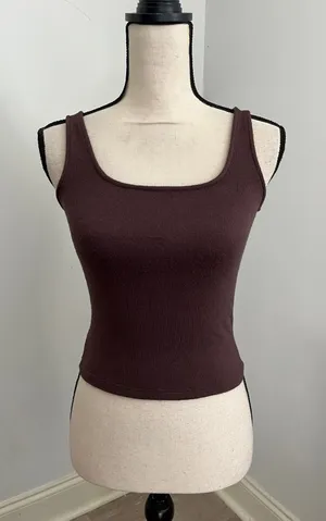 Lou & Grey Brown Minimalist Knit Top size XS Square‎ Neck Office Chic Mocha NEW thumbnail 1