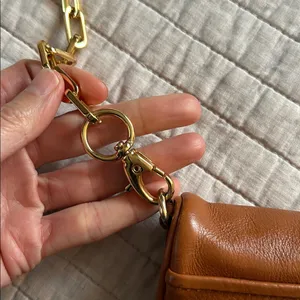 Tory Burch brown leather logo fold over gold chain rare crossbody bag​ thumbnail 14