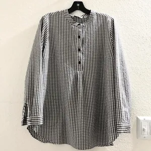 Black white gingham button up down long sleeve oversize shirt blouse priest neckline cuffed sleeves Measurement in pics, excellent condition thumbnail 1