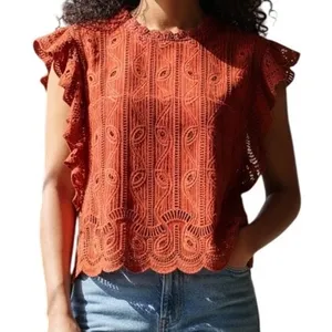TULAROSA‎ Dark Red Clayton Eyelet Lace Ruffle Cap Sleeve Blouse Top Medium thumbnail 1