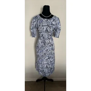 Chico's Blue Veil Snake Print Smocked Puff Sleeve Midi Dress W/ Pockets Size 0 thumbnail 2