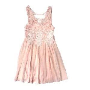 VTG Y2K L'atiste Romantic Boho Crochet Lace Pleated Mini Dress Sleeveless Pink S thumbnail 2