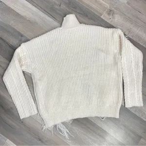Free Generation Multi Stich Fringe‎ Distressed Turtle Neck Sweater Cream Small thumbnail 9