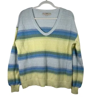 Loft Womens Blue Yellow Striped V-Neck Shaker Knit‎ Cotton Blend Sweater Medium thumbnail 1