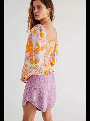 Free People 100% Cotton Floral Smocked Puff-Sleeve Top in Lavender & Orange thumbnail 2