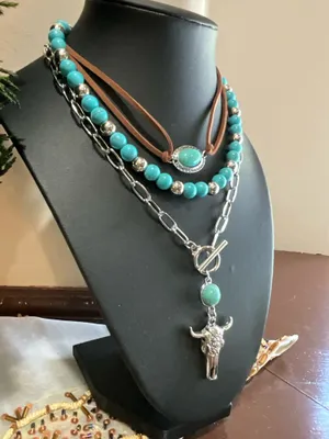 Turquoise and Silver Layered Necklace Set Blue thumbnail 4
