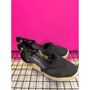 Sole Society Black Canvas Espadrille Wedge Slingback Sandals Frayed Trim Women thumbnail 3