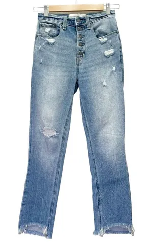 Abercrombie & Fitch A&F Mom Jean Button Fly Crop Medium Wash Raw Hem Size 25 | 0 thumbnail 1