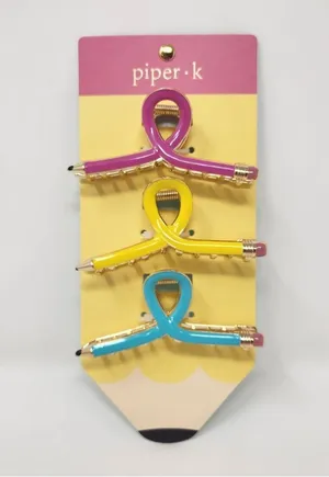 Piper K Pencil Shaped Teacher Assorted Colors Hair Claw Clip Barette Set Viral thumbnail 1