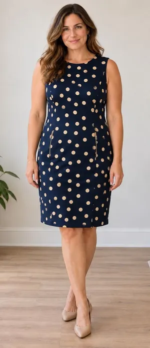 ANNE KLEIN Polka Dot Sheath Dress Womens 12 Navy Blue Tan Sleeveless Pockets thumbnail 1