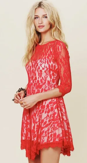 Free People Floral Mesh Lace Red Mini Dress Asymmetrical Hem 3/4 Sleeve 6 thumbnail 1