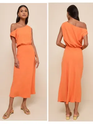 Lulus Casual Enchantment Orange Linen Off-the-Shoulder Midi Dress Size Medium thumbnail 2
