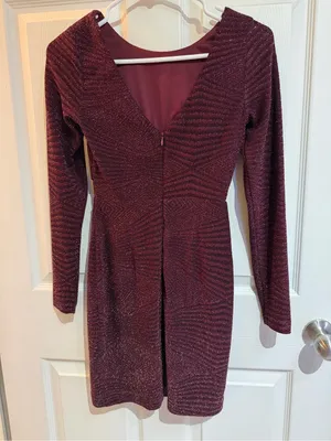 Women's Burgundy Long-Sleeve Sheer-Waist Bodycon Dress thumbnail 2