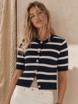 Striped Navy and White Short-Sleeve Knit Cardigan Size Large NEW thumbnail 2