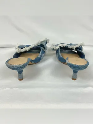 Gianni Bini Wendell Sandals Patchwork Denim Bow Gingham Mule Heels Blue Sz 7.5 thumbnail 4