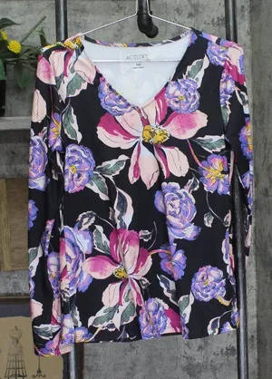 Attitudes by Renee Womens Knit Print V-Neck Shirt Top A702854 Black Floral 2XS thumbnail 1