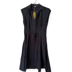 NWT OGL Viscose Linen Collared V-neck Midi Dress Drawstring Denim Navy Small thumbnail 3