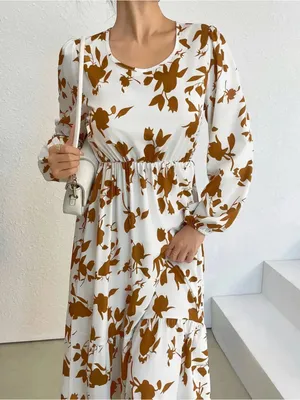 Women's White Maxi Dress with Brown Floral Print thumbnail 6