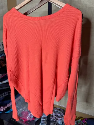 Free People We The Free Bright Orange Waffle Knit Thermal Pullover Top Sz Small thumbnail 8