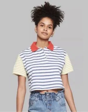 Wild Fable Striped colorblock cotton preppy cropped Polo with Red Collar, size S thumbnail 2