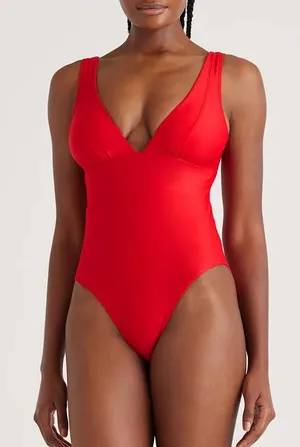 NWT Quince Red Italian Plunge One-Piece Swimsuit Size Small‎ thumbnail 1
