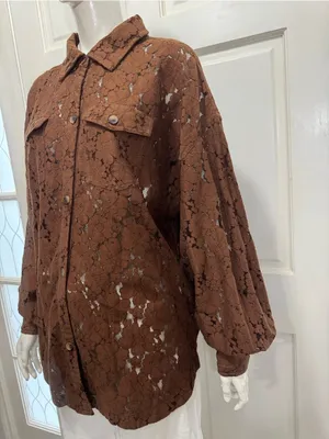 Shyanne Western Brown Lace-Overlay Frnge Shirt Jacket Size Large A1 thumbnail 13