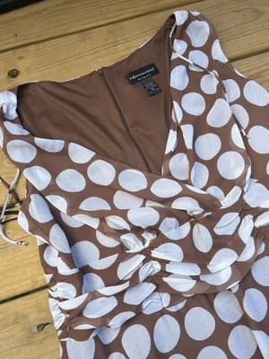 Connected Woman 18W Brown White Polka Dot Ruched Chiffon Midi Dress NWT thumbnail 2