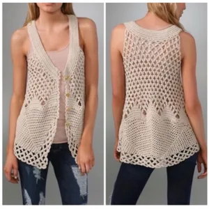 Free People Boho Vest Knit Cardigan Black Knit Gold Buttons- Size XS thumbnail 2