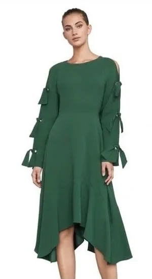 BCBGMAXAZRIA Cicely Emerald Green Asymmetrical Tie Sleeve Dress Size 6 thumbnail 1