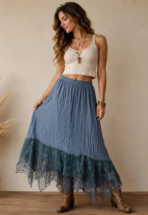 Vintage 90s Blue Sheer Lace Handkerchief Hem Midi Skirt Sz M thumbnail 1