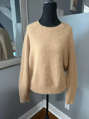 Express Camel Fuzzy Knit Wool Blend Crewneck Old Money Sweater Medium thumbnail 2