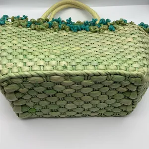 Woven straw tote bag with decorative trim and handles thumbnail 4