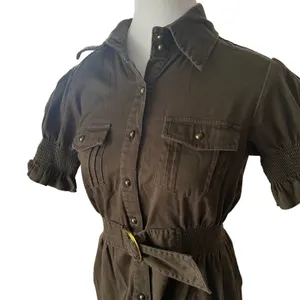 Rampage Women Olive Brown Utility Button Front Mini Dress Belted Puff‎ Sleeve L thumbnail 2