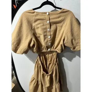 Madewell Dress Women's Size M Tan Brown Short Sleeve Tiered Mini Button‎ Back thumbnail 5