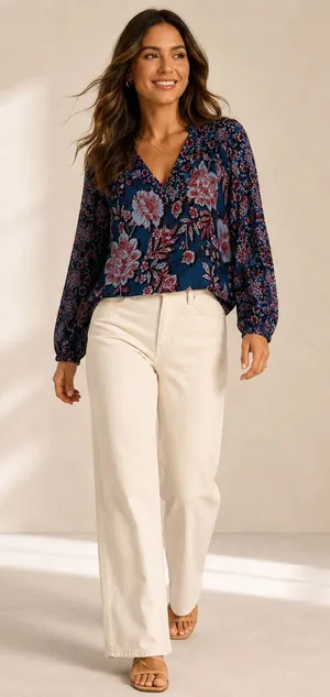 Band of the Free Blue Red Floral V-Neck Long Sleeve Blouse Small NWT thumbnail 1