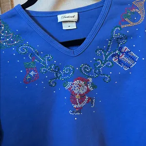 Distinct Blue Holiday V-Neck Top with Rhinestone Santa thumbnail 3