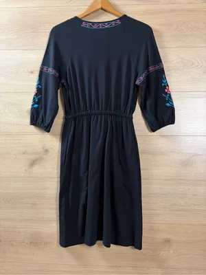 eShakti Cotton Embroidered Black Drawstring Waist Dress Size 4 thumbnail 8