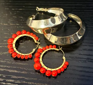 Lot of 2 Pair hoop earrings silver tone round latch back red beaded metal thumbnail 1