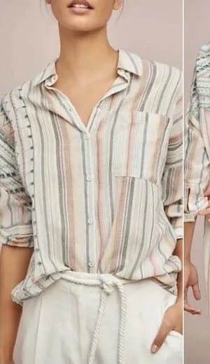 Anthropologie Striped Eyelet Buttondown Shirt Relaxed Multicolor M/L thumbnail 1